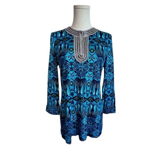 Tory Burch Silver Beaded Neckline 100% Silk Tunic Top Women’s Medium Teal Black - Picture 1 of 15